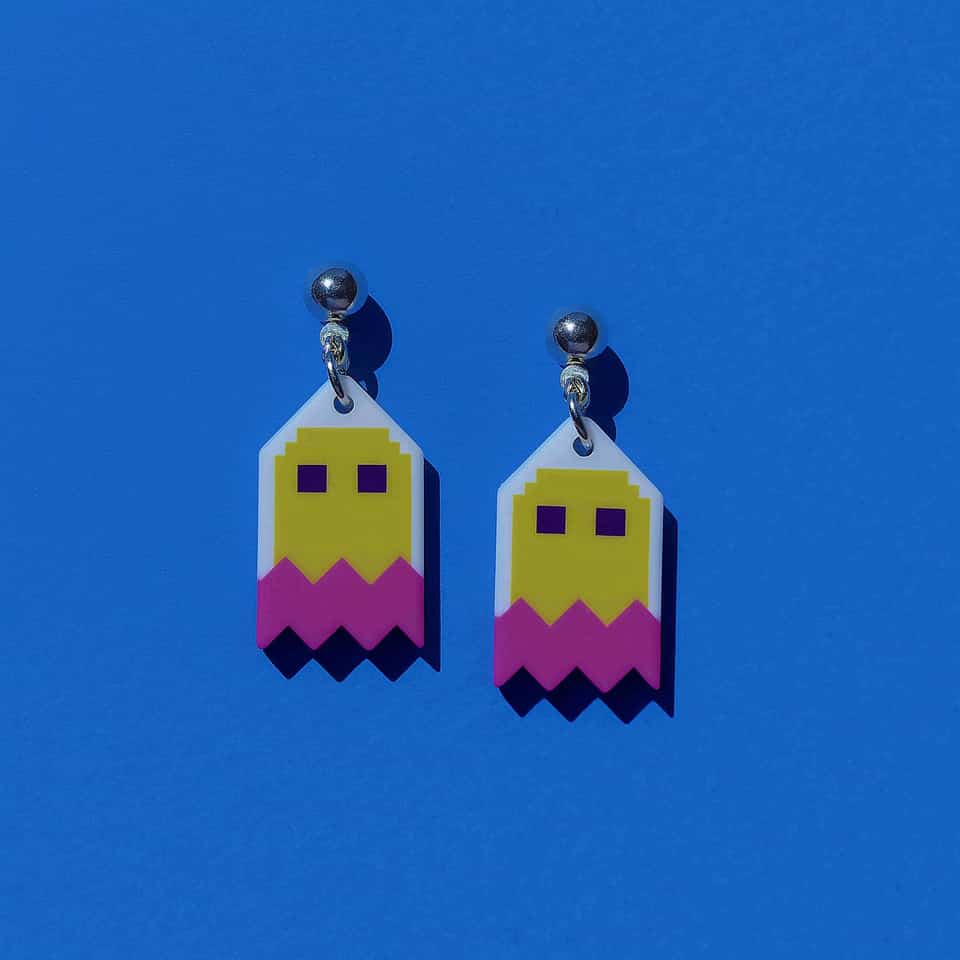 Yellow Polymer Clay Pixel Ghost Dangle Earrings. Handmade earrings using pixel construction, finished with sanded buffed. Cut both white ghost blanks from one template first. Afte…