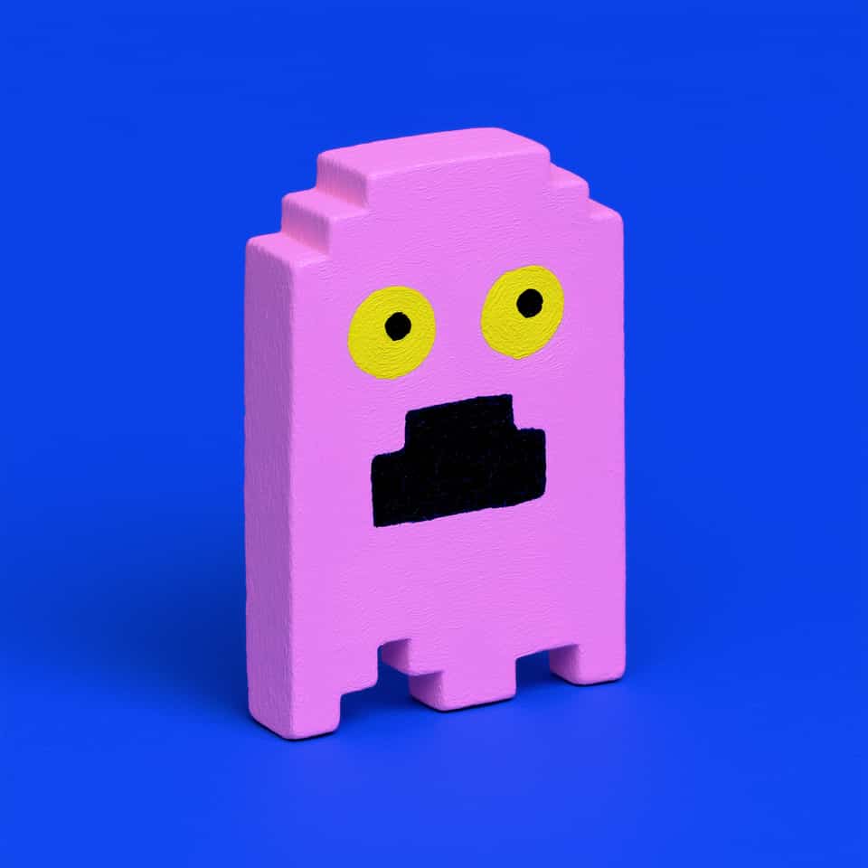 Pink Polymer Clay Pixel Ghost Pin. Handmade brooch using pixel construction, finished with matte sealant. Build this as a thick extruded pink ghost block (around 1-1.5cm deep) wit…
