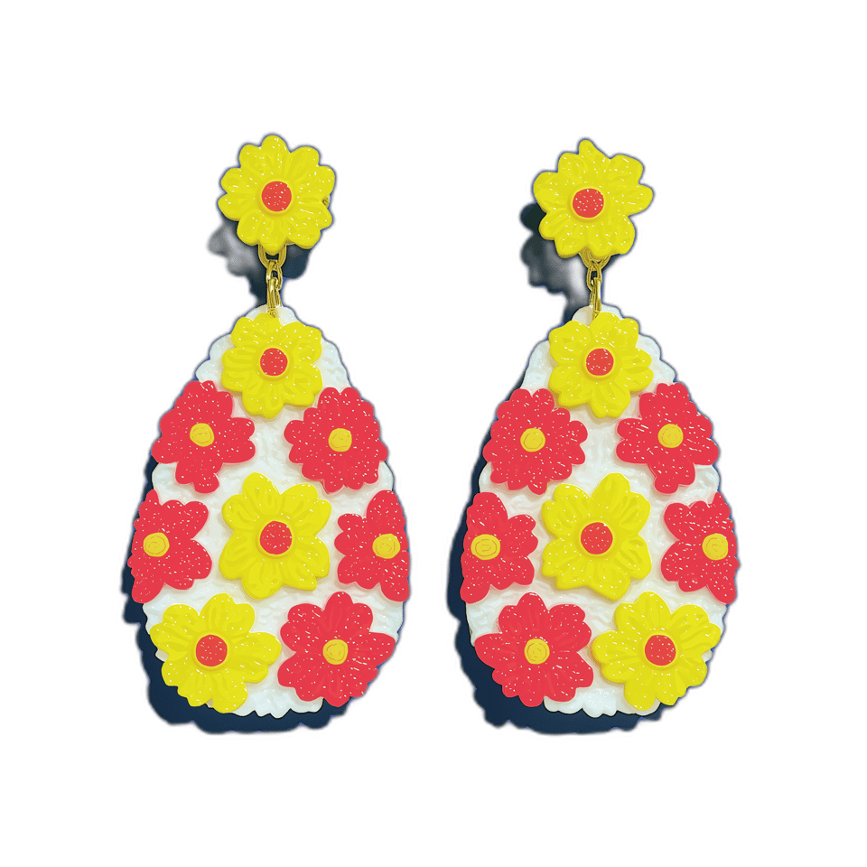 3D Millefiori Flower Dangle Earrings, isolated cut-out