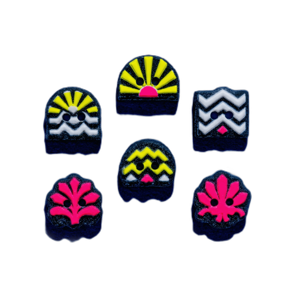 Black & Neon Art Deco Button Set, isolated cut-out