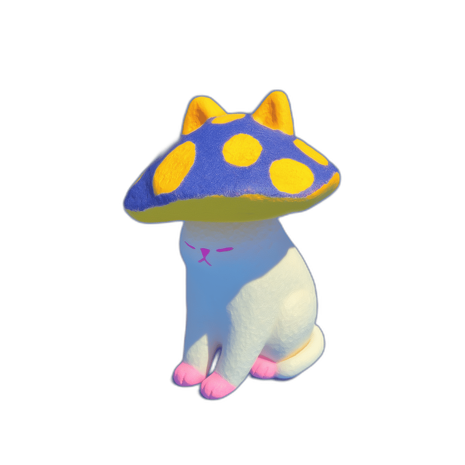 Blue Spotted Mushroom Cap Cat Desk Buddy Figurine, isolated cut-out