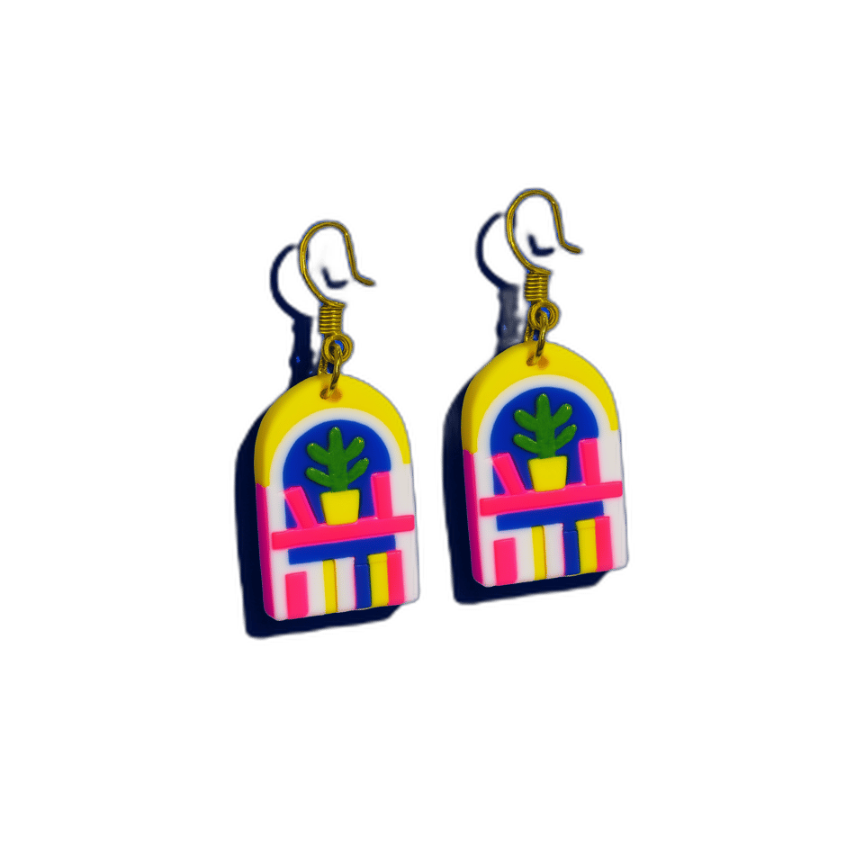 Bookshelf Arch Statement Dangle Earrings, isolated cut-out