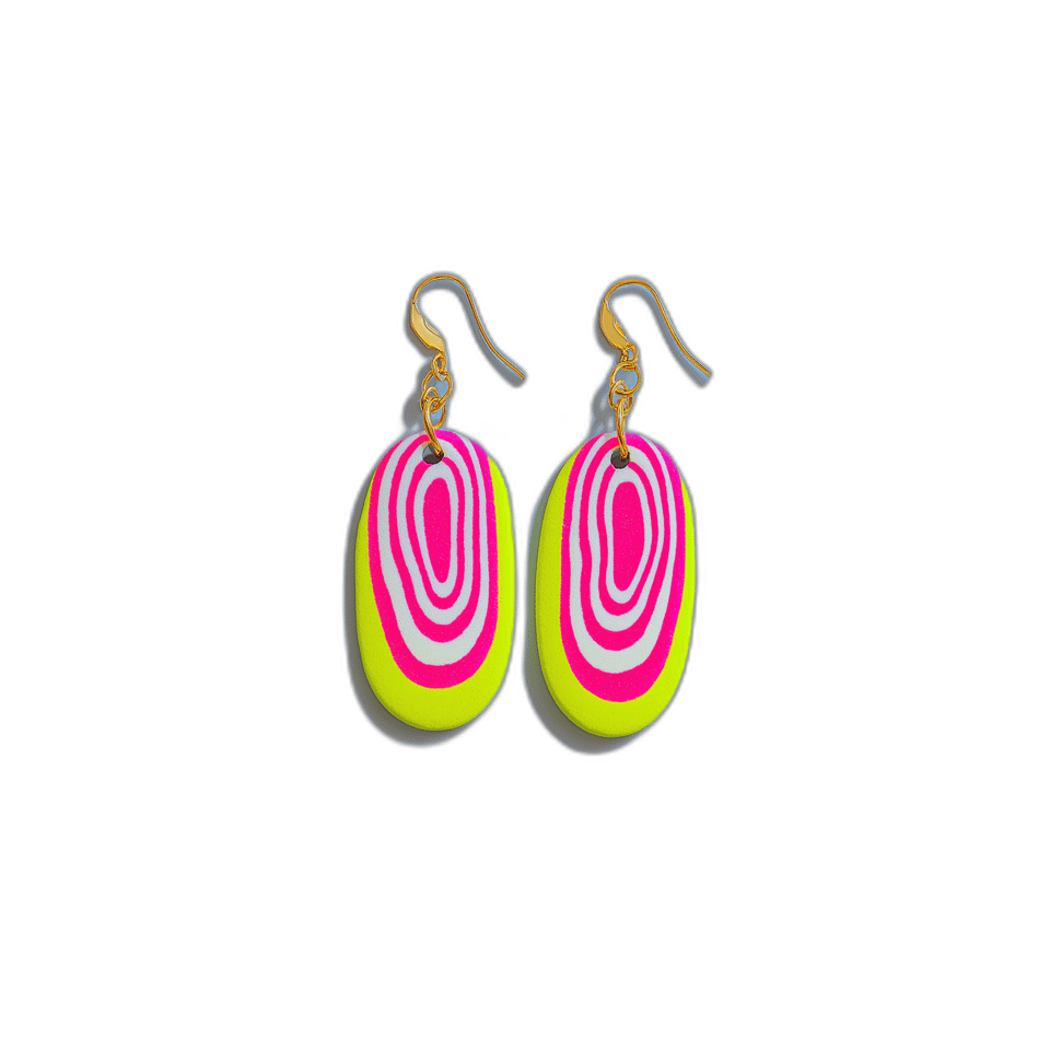 Neon Bullseye Cane Oval Dangle Earrings, isolated cut-out