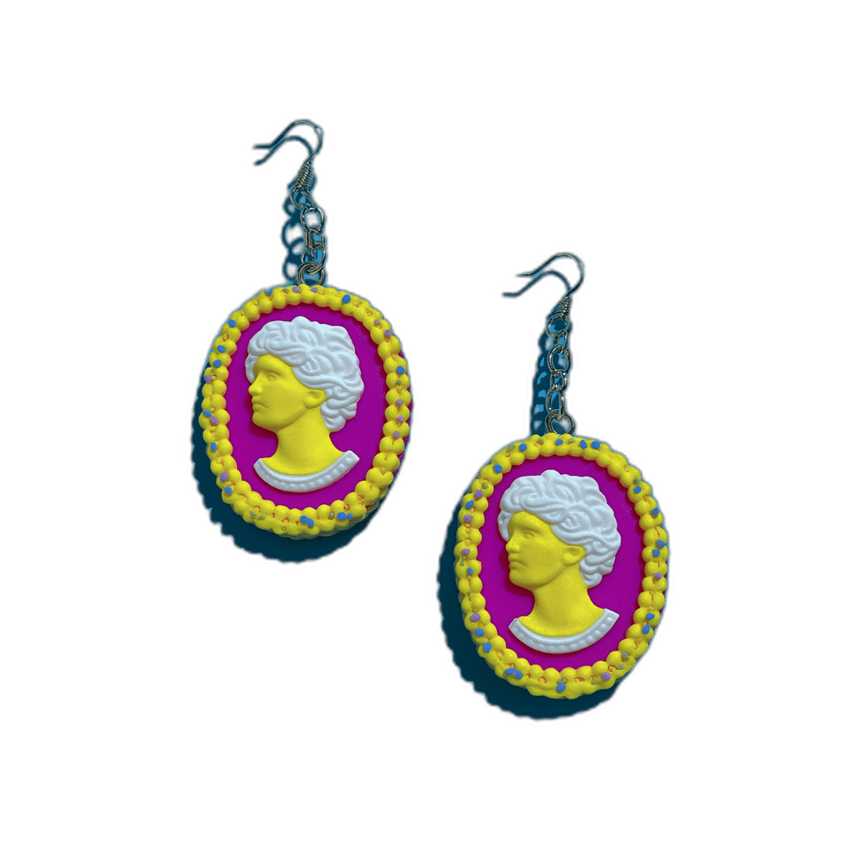 Neon Cameo Statement Dangle Earrings, isolated cut-out