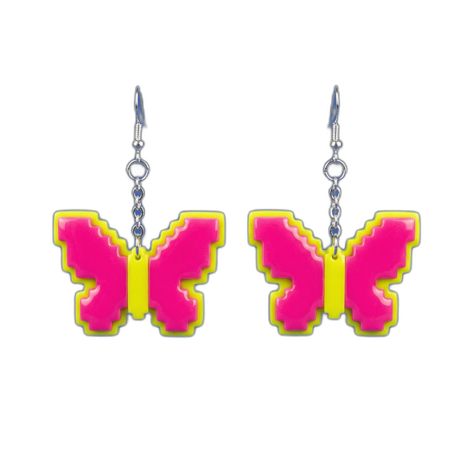 Pink & Yellow Pixel Butterfly Drop Dangle Earrings, isolated cut-out