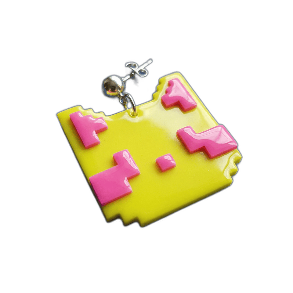 Yellow & Pink Pixel Cat Tile Dangle Earrings, isolated cut-out