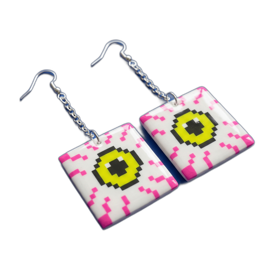 White Pixel Eyeball Tile Dangle Earrings, isolated cut-out