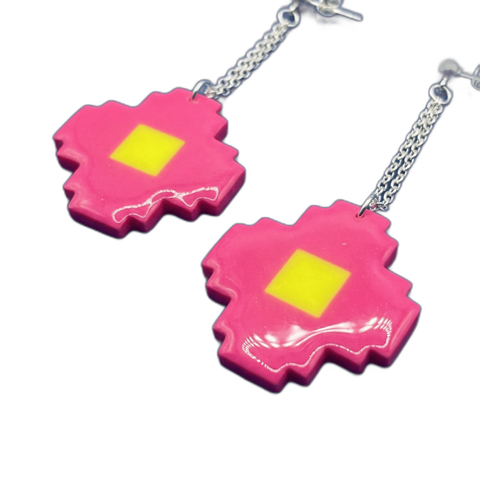 Hot Pink Pixel Flower Double Chain Dangle Earrings, isolated cut-out
