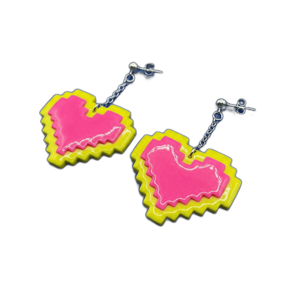 Pink & Yellow Pixel Heart Chain Dangle Earrings, isolated cut-out