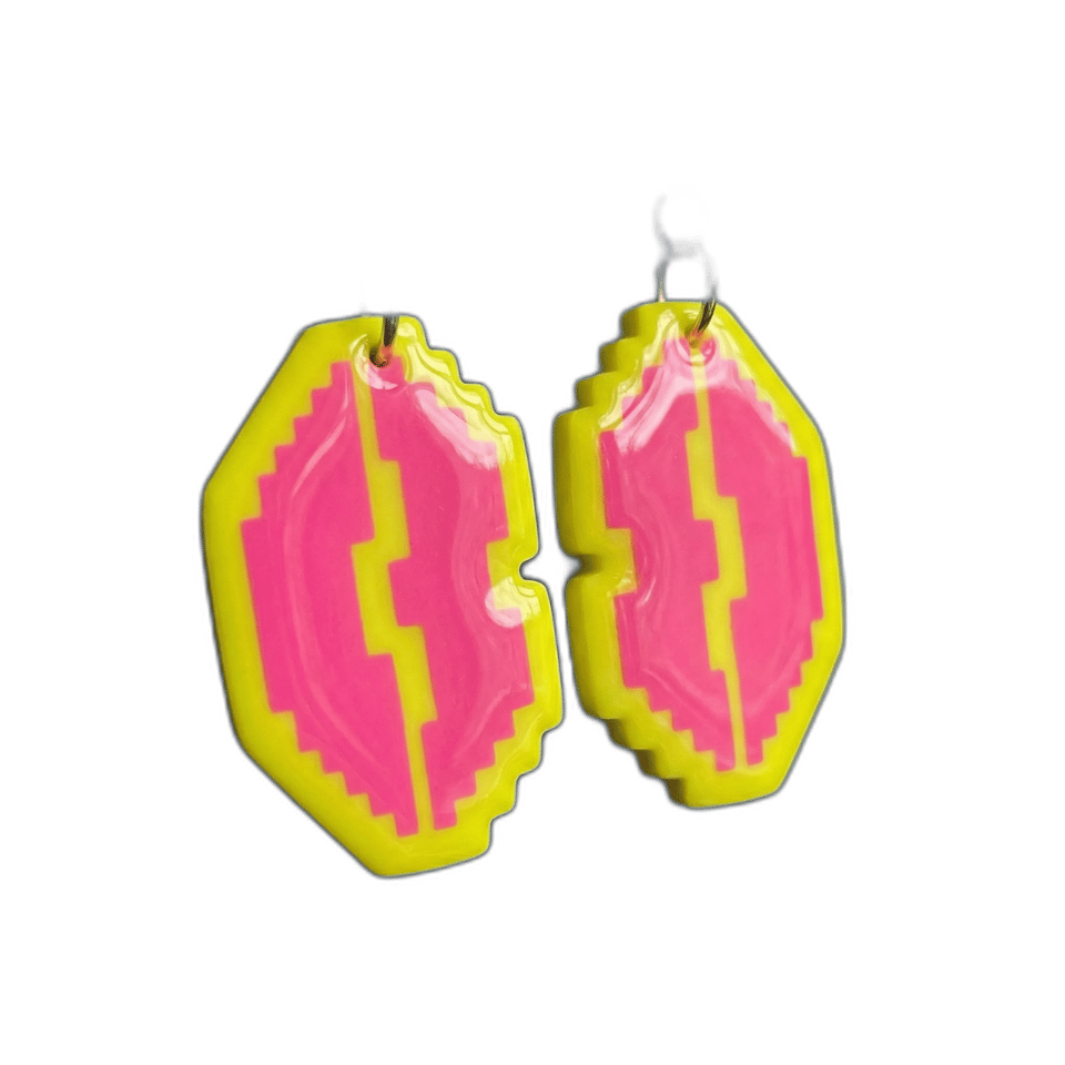 Pixel Pink & Yellow Split Lips Dangle Earrings, isolated cut-out