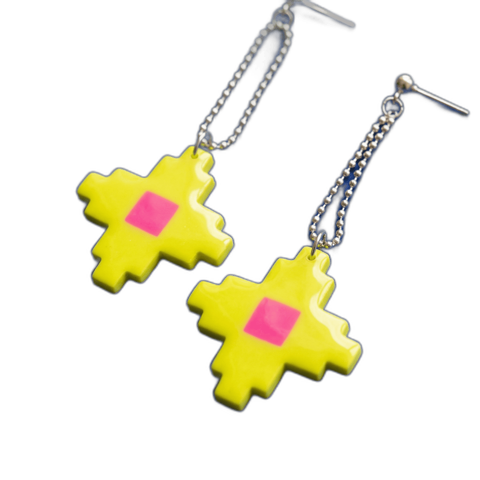 Yellow & Pink Pixel Star Bead Chain Dangle Earrings, isolated cut-out