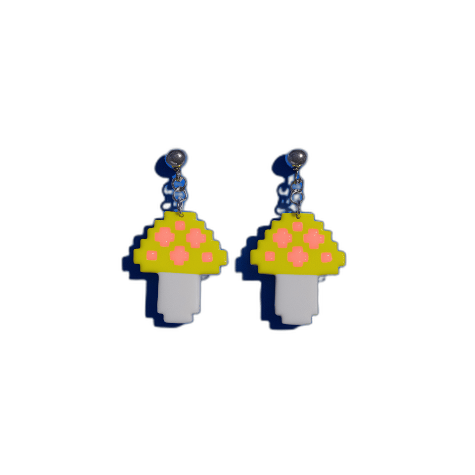 Yellow Pixel Mushroom Dangle Earrings, isolated cut-out