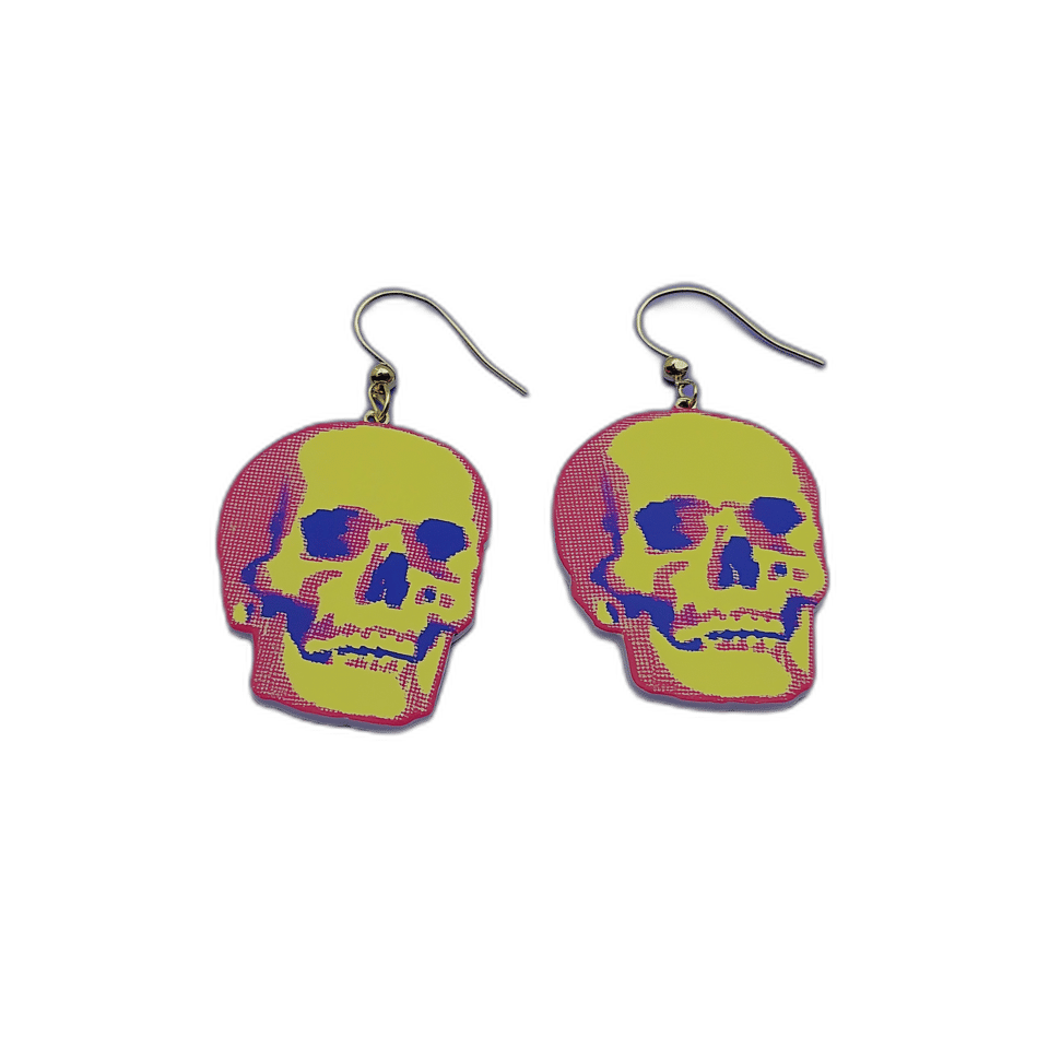 Halftone Skull Statement Dangle Earrings, isolated cut-out