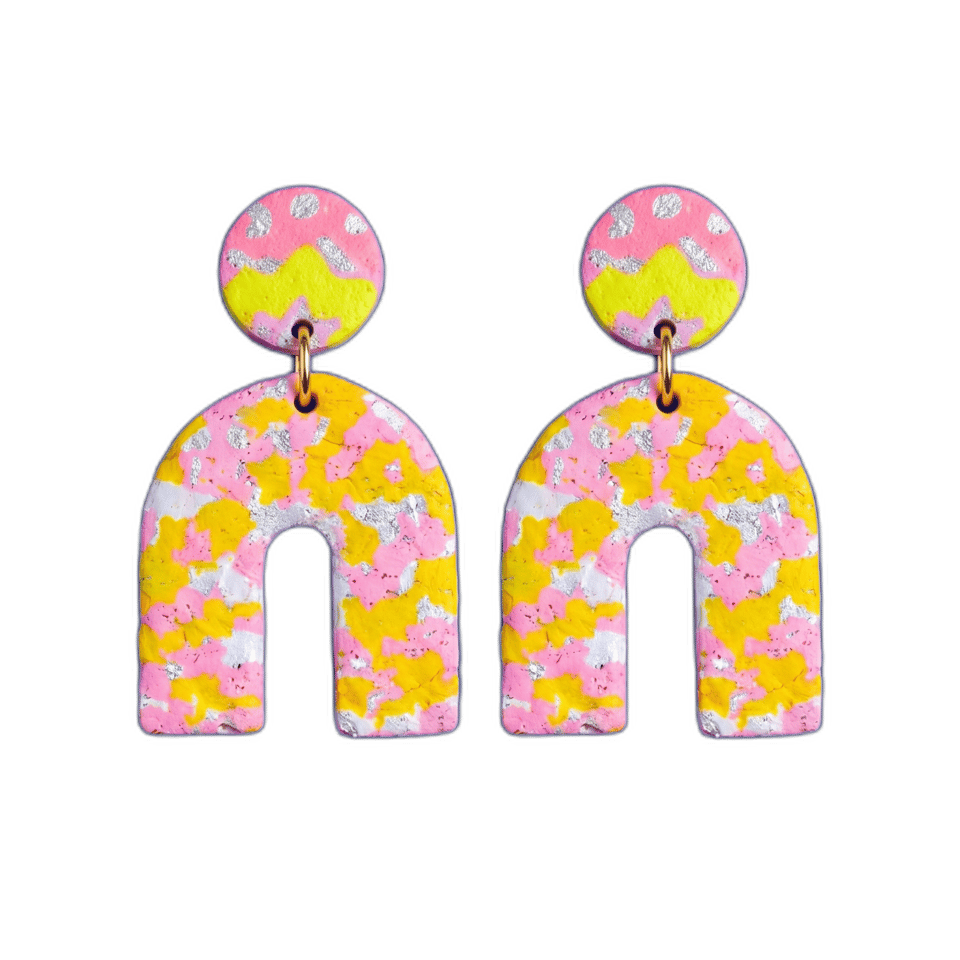 Pink Leopard Print Arch Dangle Earrings, isolated cut-out