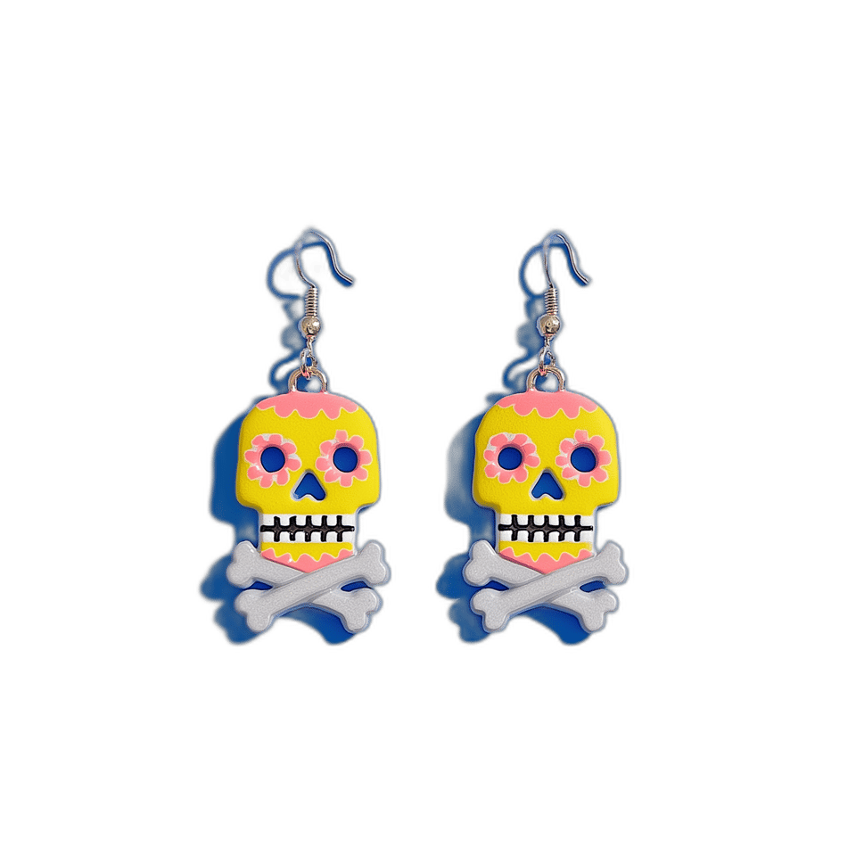 Yellow & Pink Sugar Skull Dangle Earrings, isolated cut-out
