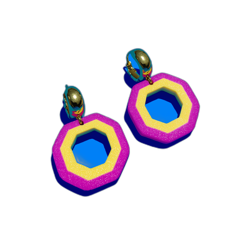 Pink & Yellow Octagon Hoop Earrings, isolated cut-out