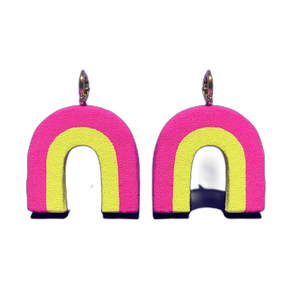 Hot Pink & Yellow Textured Arch Hoop Earrings, isolated cut-out