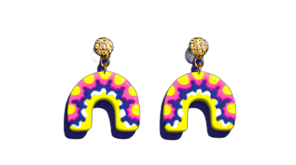 Pink & Yellow Scalloped Arch Dangle Earrings, isolated cut-out