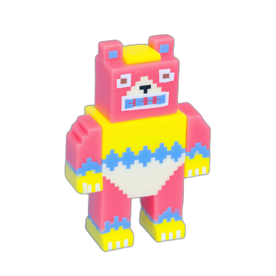 Pink & Yellow Pixel Bear Desk Buddy Figurine, isolated cut-out
