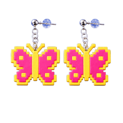 Hot Pink Pixel Butterfly Statement Dangle Earrings, isolated cut-out