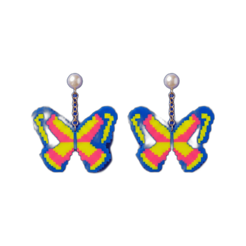 Blue, Yellow & Pink Pixel Butterfly Pearl Drop Earrings, isolated cut-out