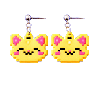 Yellow Pixel Cat Face Dangle Earrings, isolated cut-out