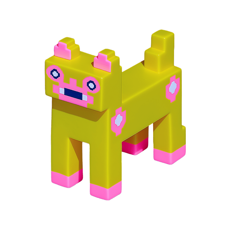 Yellow & Pink Voxel Cat Desk Buddy Figurine, isolated cut-out
