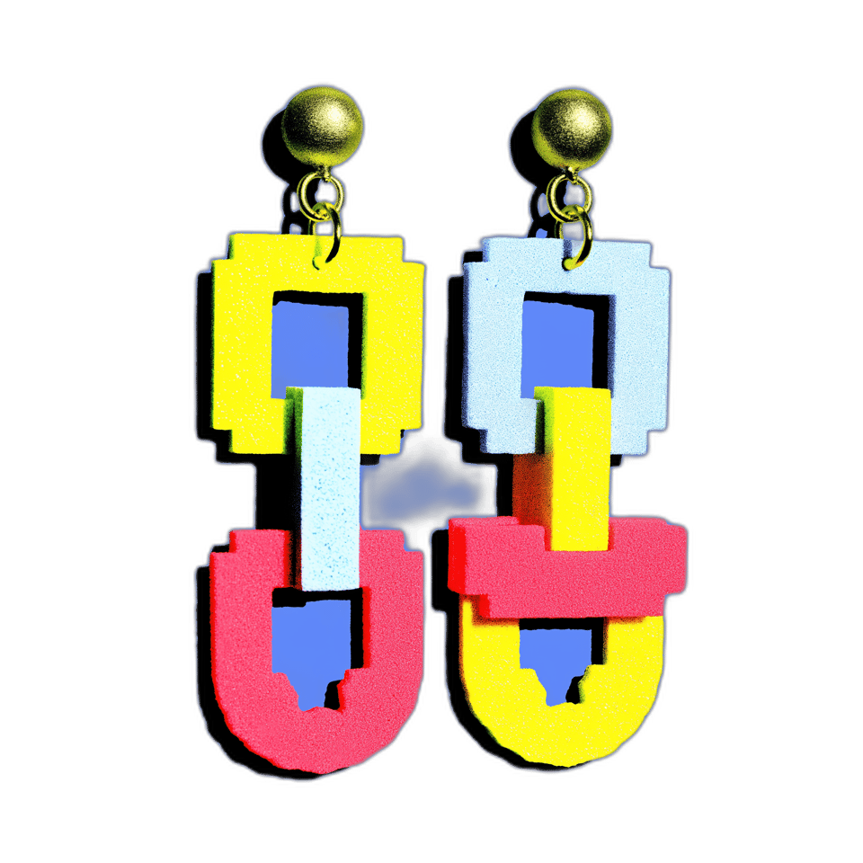 Asymmetrical Pixel Chain Link Dangle Earrings, isolated cut-out