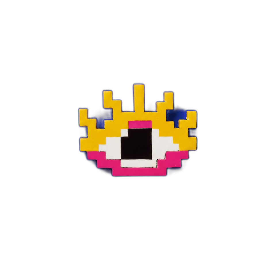 Yellow Pixel Eye Pin, isolated cut-out