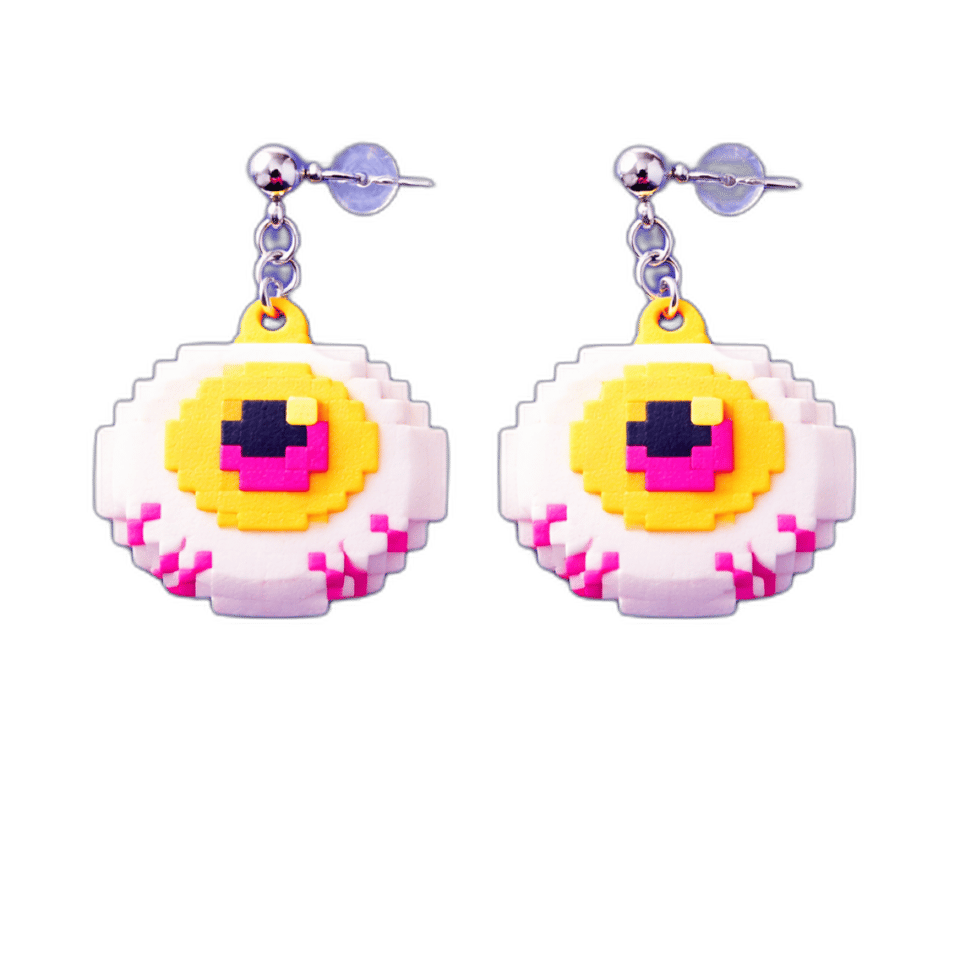 White Pixel Eyeball Statement Dangle Earrings, isolated cut-out