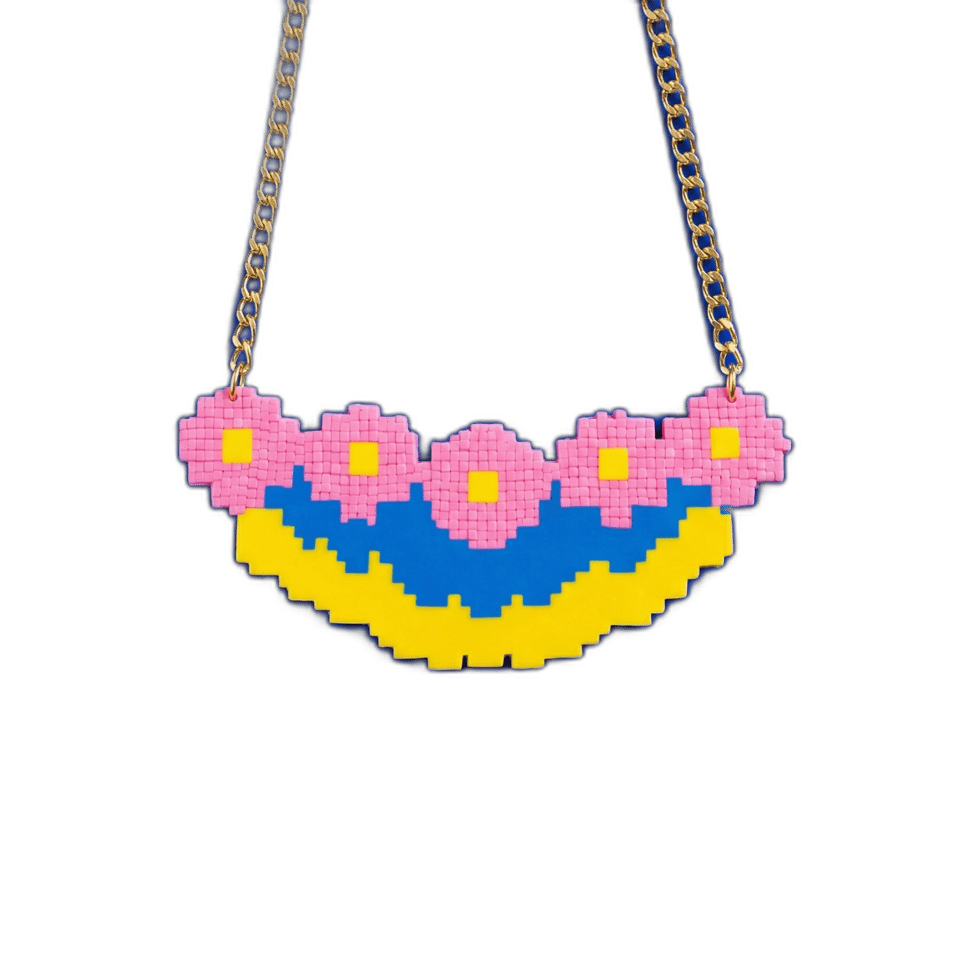 Pink Pixel Flower Bib Statement Necklace, isolated cut-out