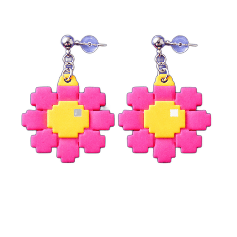 Hot Pink Pixel Flower Statement Dangle Earrings, isolated cut-out