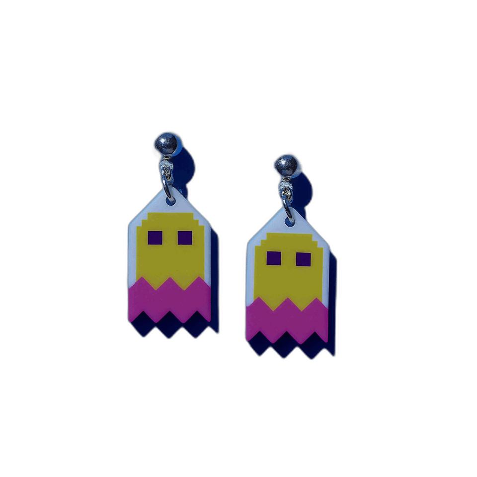 Yellow Pixel Ghost Dangle Earrings, isolated cut-out