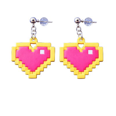 Hot Pink Pixel Heart Statement Dangle Earrings, isolated cut-out