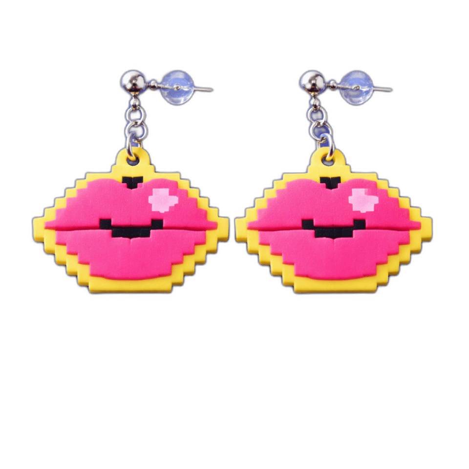 Hot Pink Pixel Lips Dangle Earrings, isolated cut-out