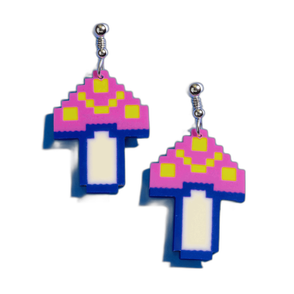 Retro Pixel Mushroom Stud Earrings, isolated cut-out