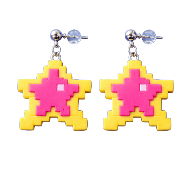Hot Pink Pixel Star Dangle Earrings, isolated cut-out