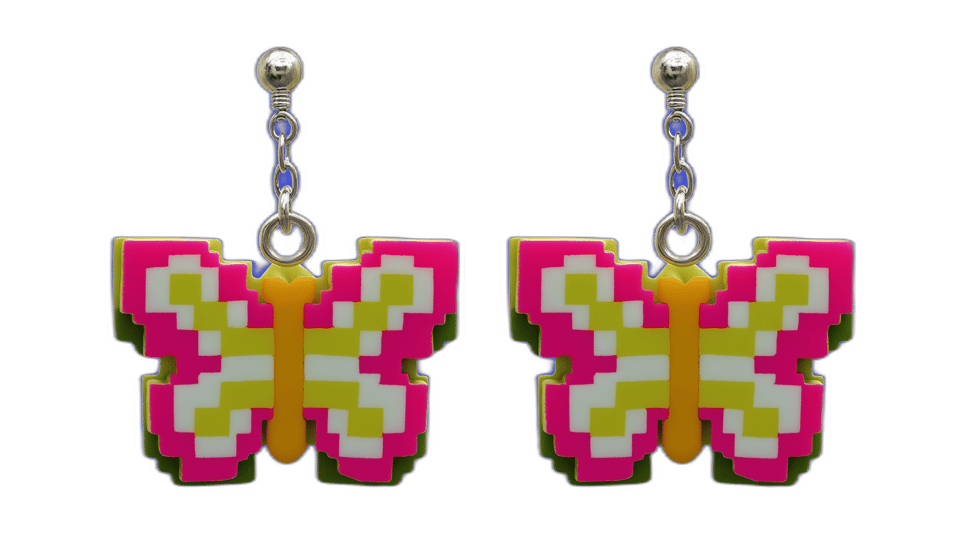 Pixel Butterfly Statement Dangle Earrings, isolated cut-out