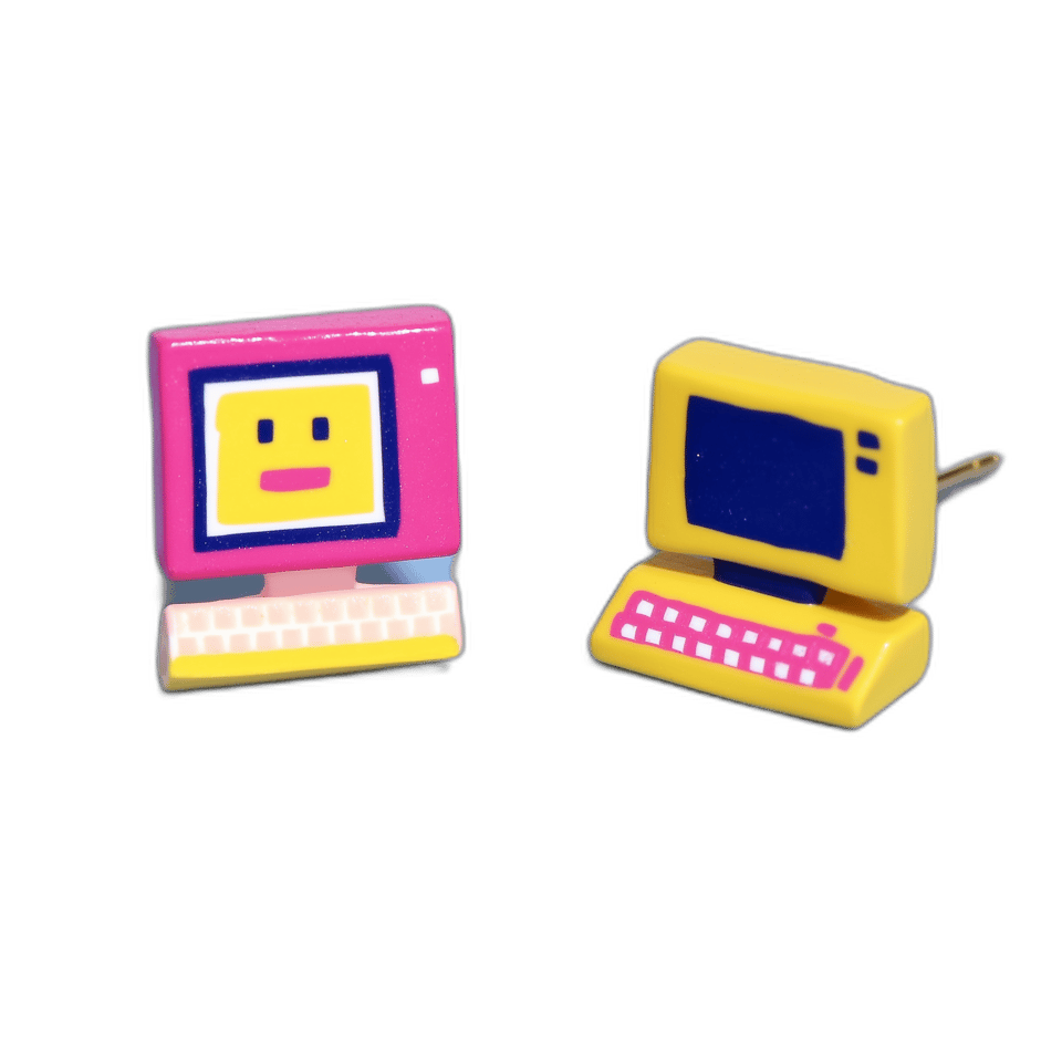 Mismatched Retro 3D Computer Stud Earrings, isolated cut-out