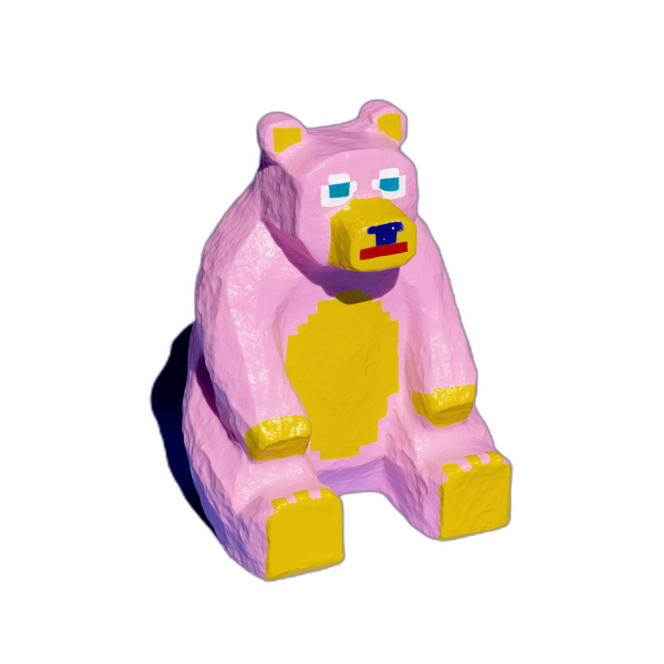 Pink Rounded Pixel Bear Desk Buddy Figurine, isolated cut-out