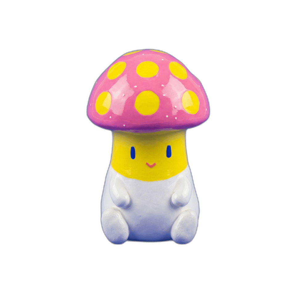 Glossy Pink Spotted Mushroom Desk Buddy Figurine, isolated cut-out