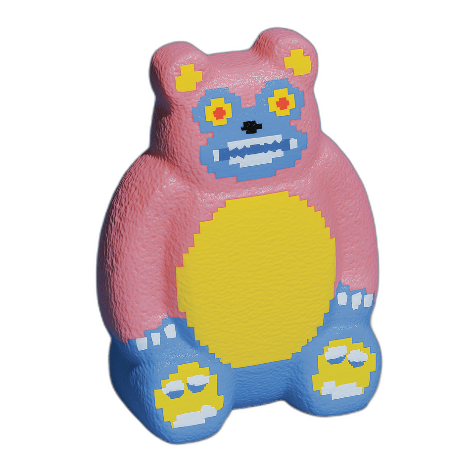 Textured Pink & Blue Pixel Bear Desk Buddy Figurine, isolated cut-out