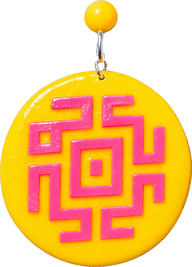 Yellow Maze Disc Dangle Earrings, isolated cut-out