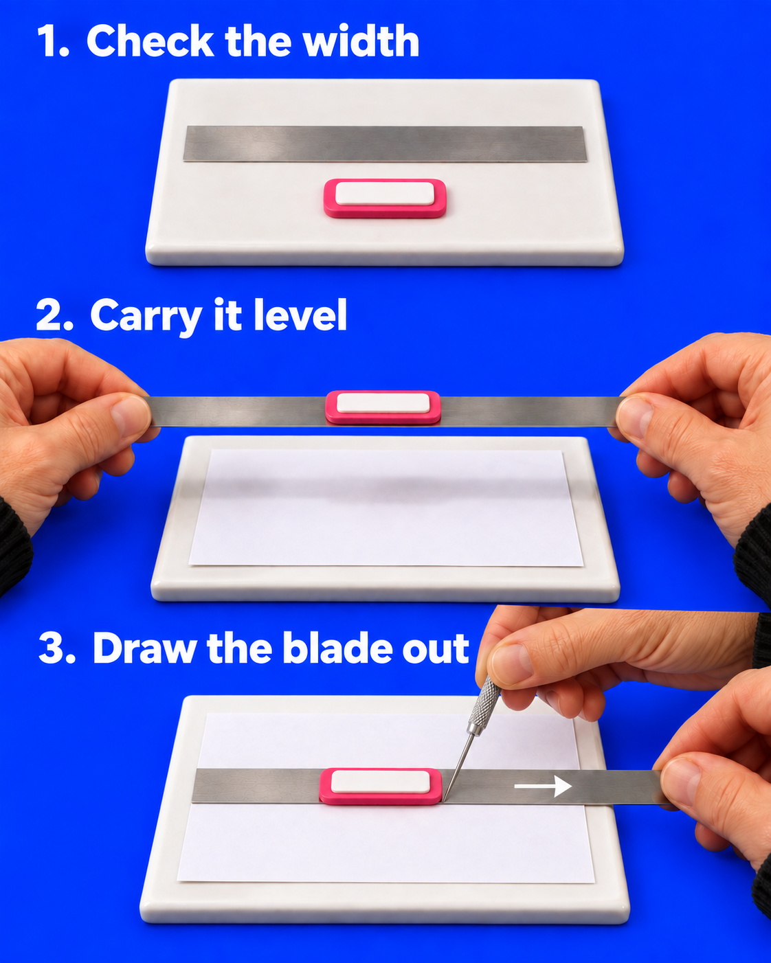 Three steps show a plain flexible tissue blade wider than a small layered clay piece, the piece carried level on the blade, and a needle holding its right edge while the blade slides out onto card.