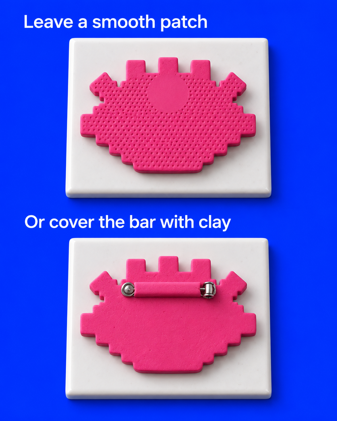 Two pink clay brooch backs: one with a smooth round patch left in a dotted texture for a glued pin, and one with a bar pin held under a thin clay strip while its hinge and catch remain clear.