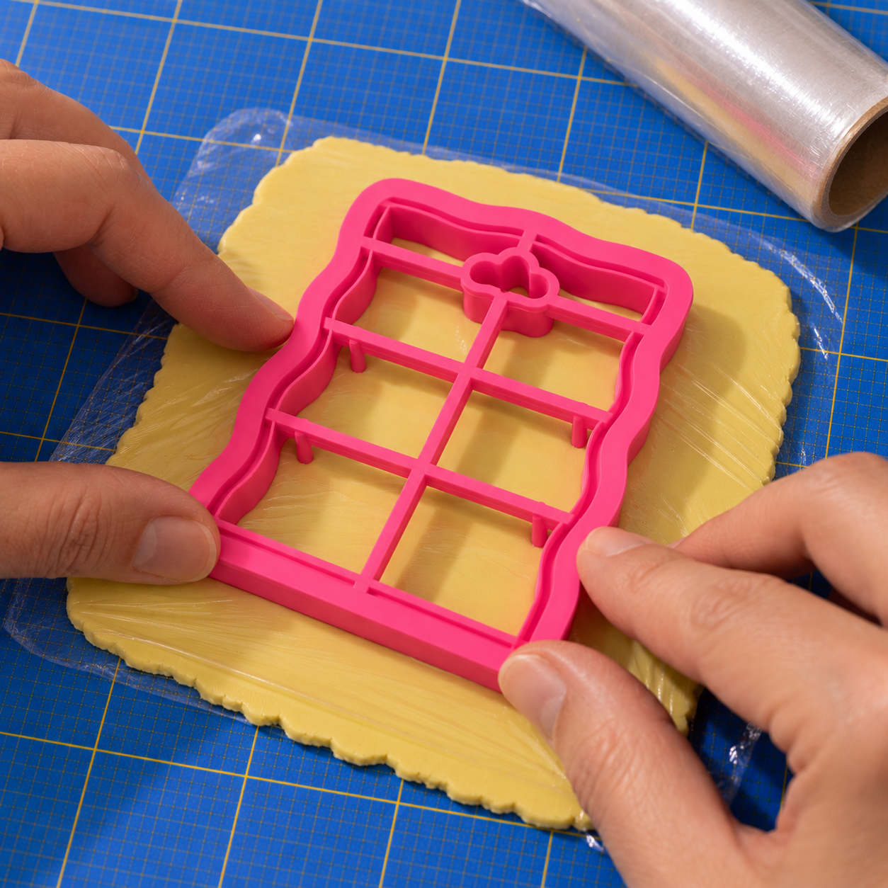 Pink earring backing-card cutter pressing through cling film on yellow clay