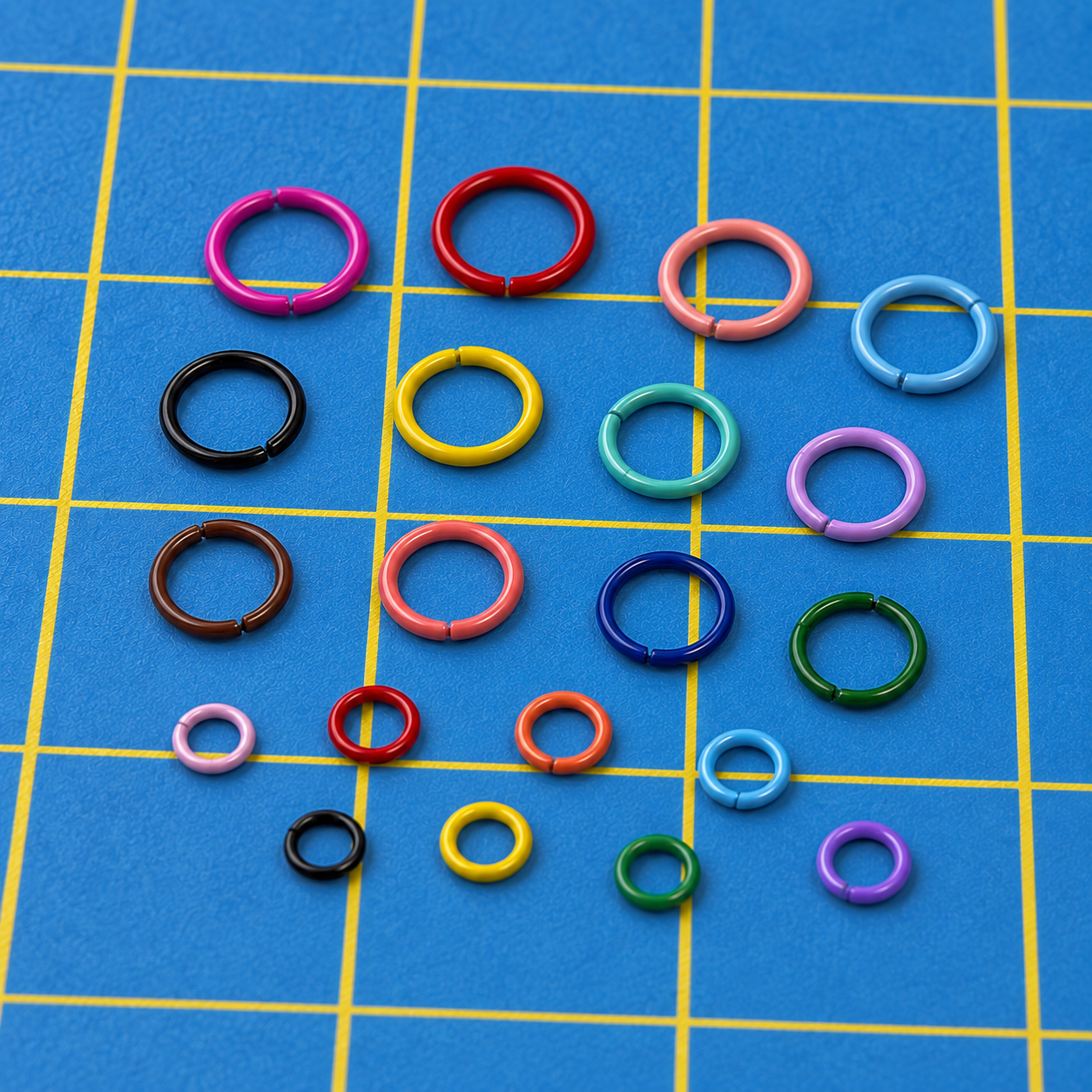 Coloured open jump rings in red, pink, yellow, blue, green, purple, black and orange laid out on a blue cutting mat.
