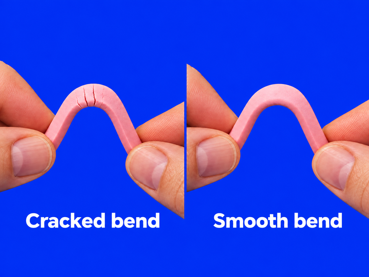 Two pink raw-clay strips bent into a fold, one cracked across the bend and the other smooth.