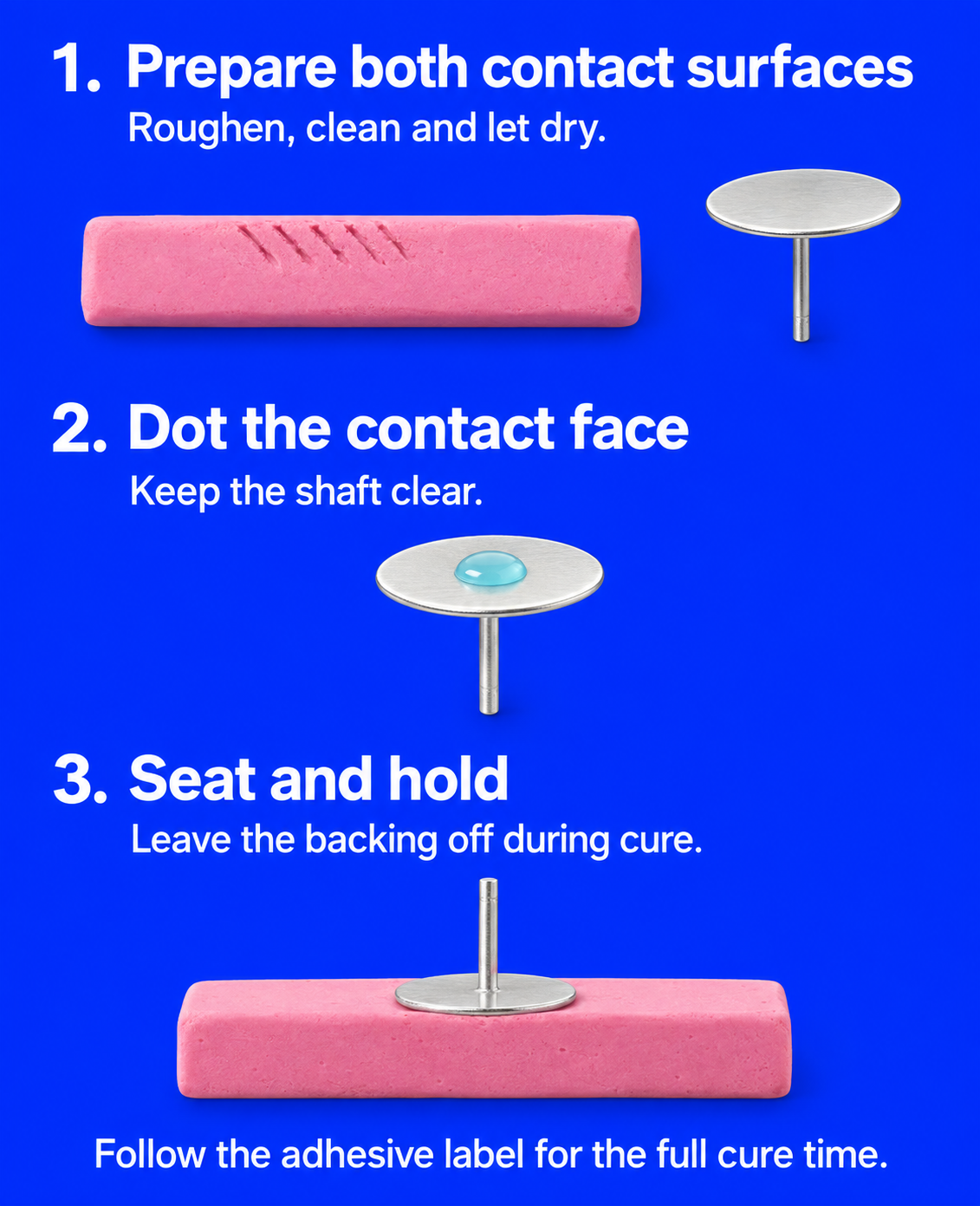 Three diagrams show bare baked clay and a prepared metal pad, a small adhesive dot on the pad contact face, and the pad seated with a clear upright post.
