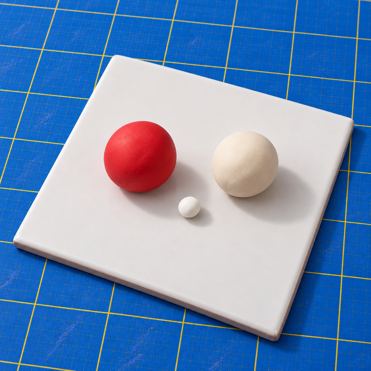 Equal-sized red and cream balls of polymer clay with a small white ball for the spots on a white tile.